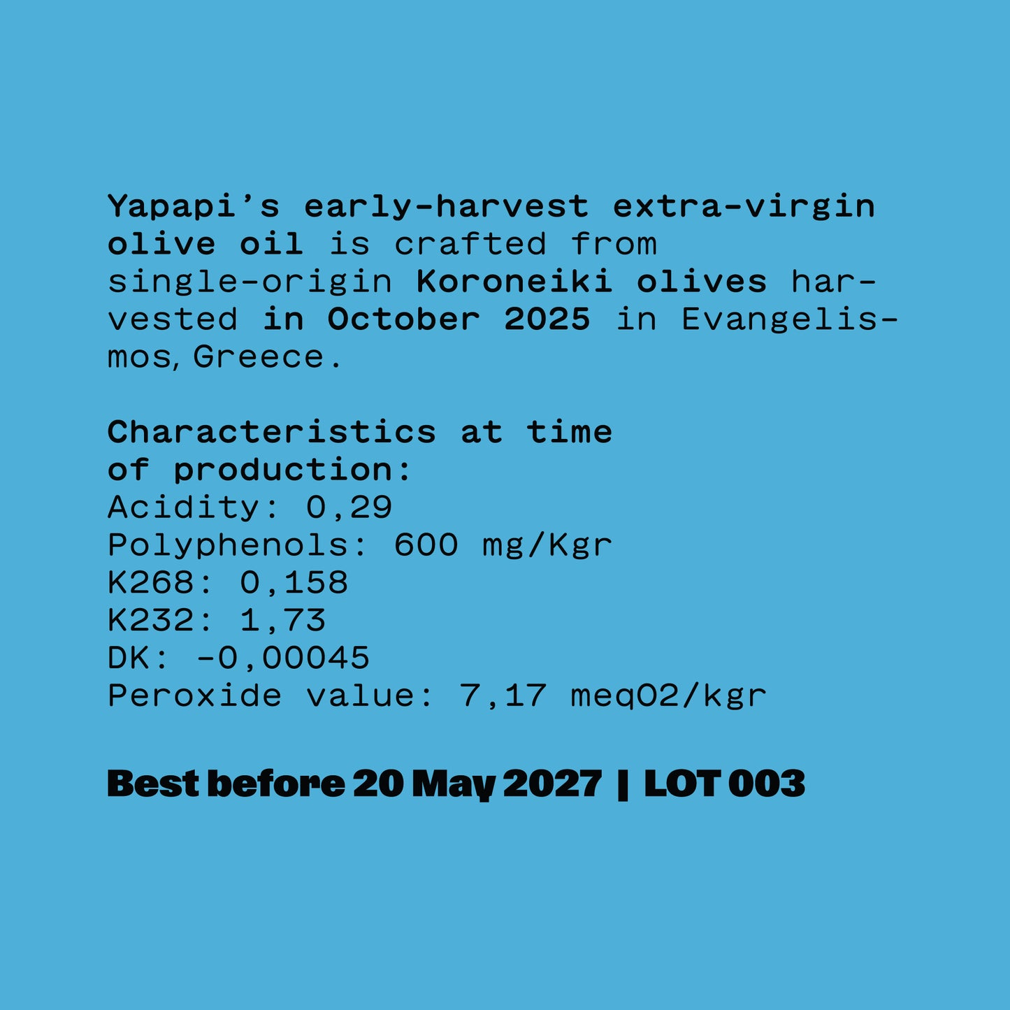 Yapapi Früh geerntetes, sortenreines natives Olivenöl (aggourelaio)  extra 250 ml Ernte 2025