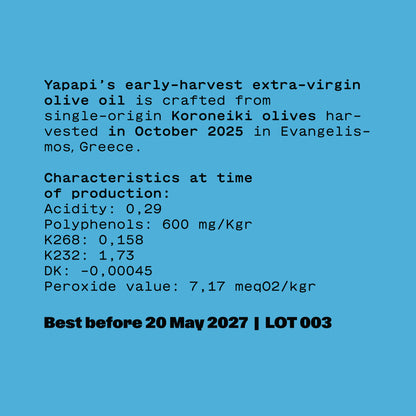 Yapapi Früh geerntetes, sortenreines natives Olivenöl (aggourelaio)  extra 250 ml Ernte 2025